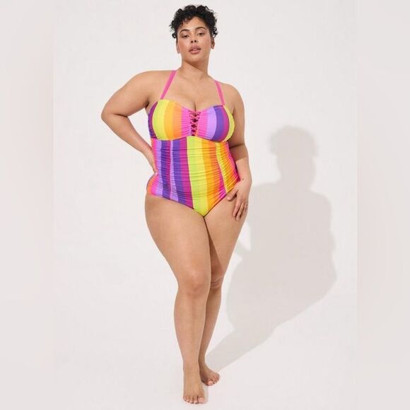 Torrid Wireless Lattice One-Piece Swimsuit in color muted Rainbow NWT in package - Picture 2 of 8